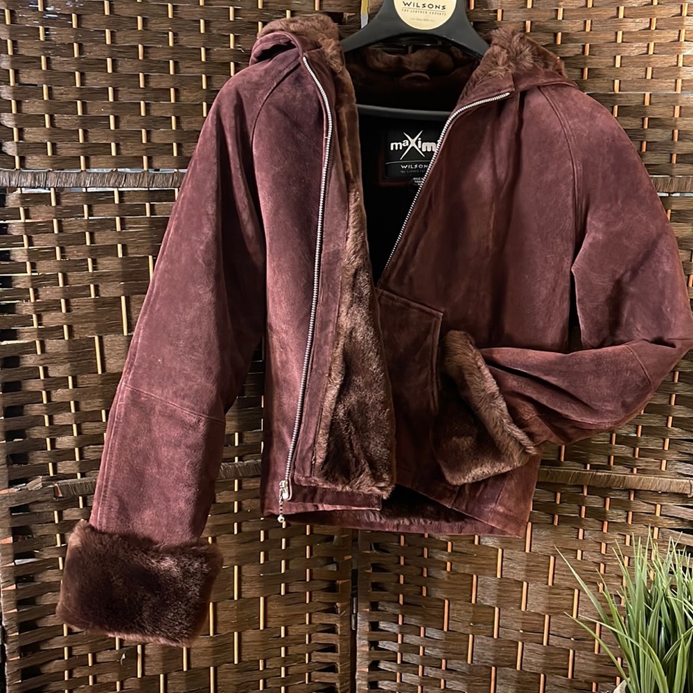 Burgundy Wilson Hooded Fur Jacket with Gloves